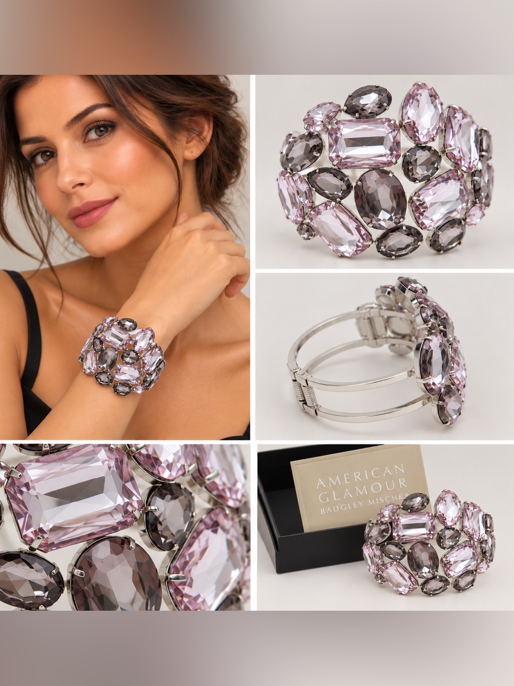 Badgley Mischka Pink and Smoke Crystal Cluster Bracelet